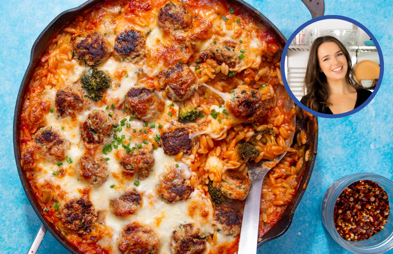 Cheesy tomato meatball bake with orzo