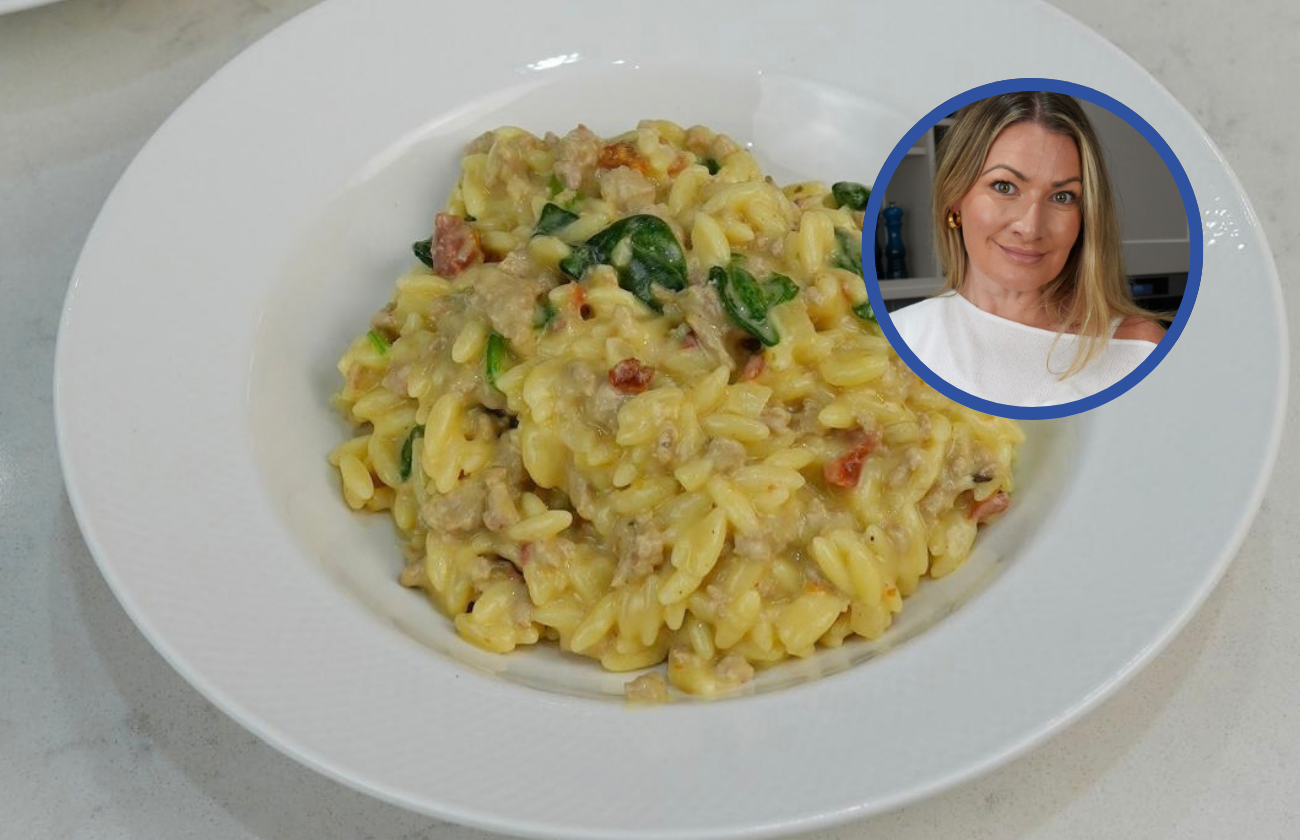 A plate of creamy tuscan pork orzotto